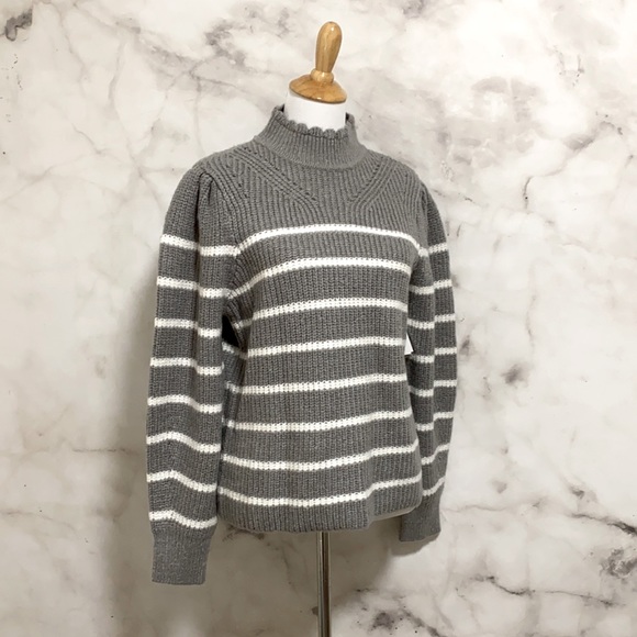 Femme By Design Scallop Mock Neck Striped Grey and White Sweater - Picture 2 of 11